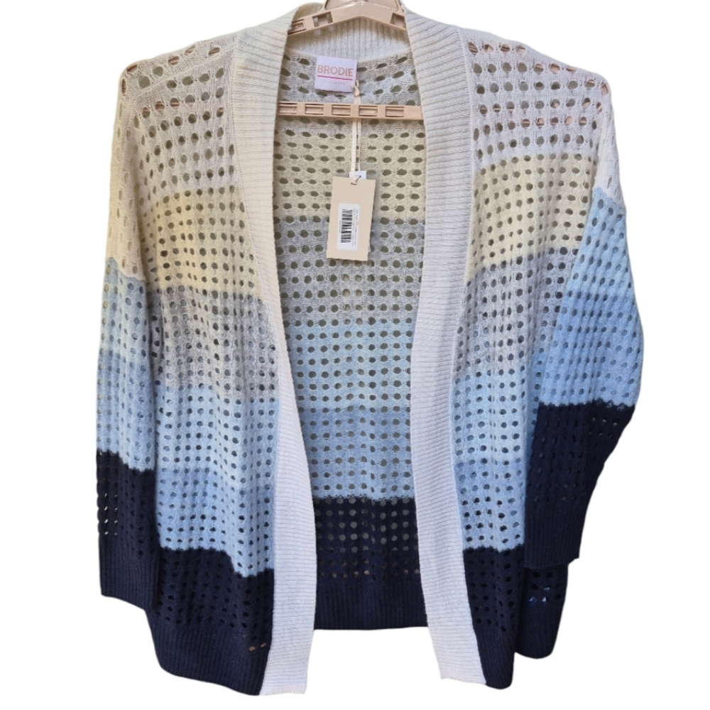Brodie Cashmere Pointelle Open Knit Cardigan Size L NWT